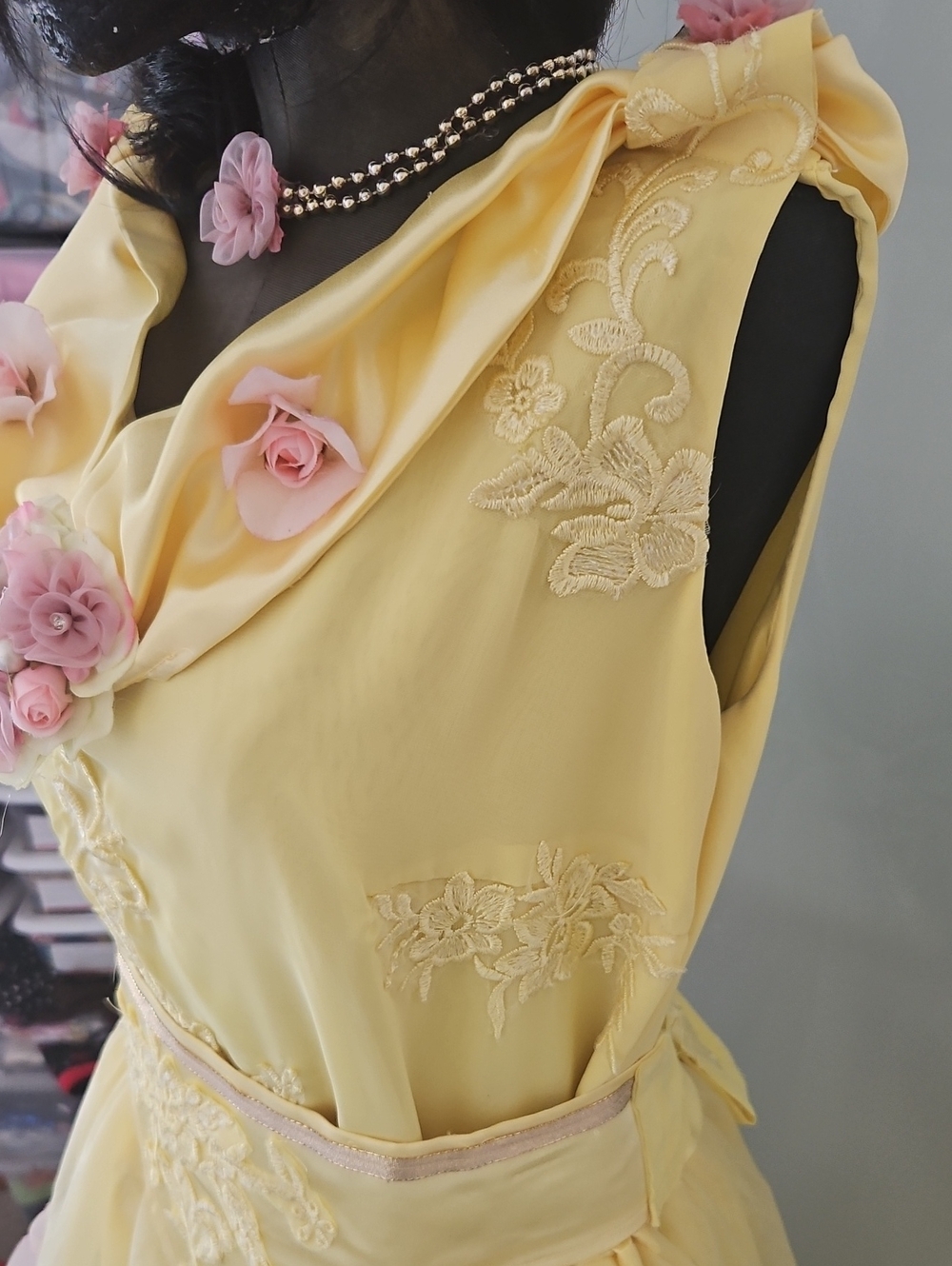 Belle Inspired Costume Set Ucycled Yellow Chiffon Midi Gown Size L - Picture 8 of 14